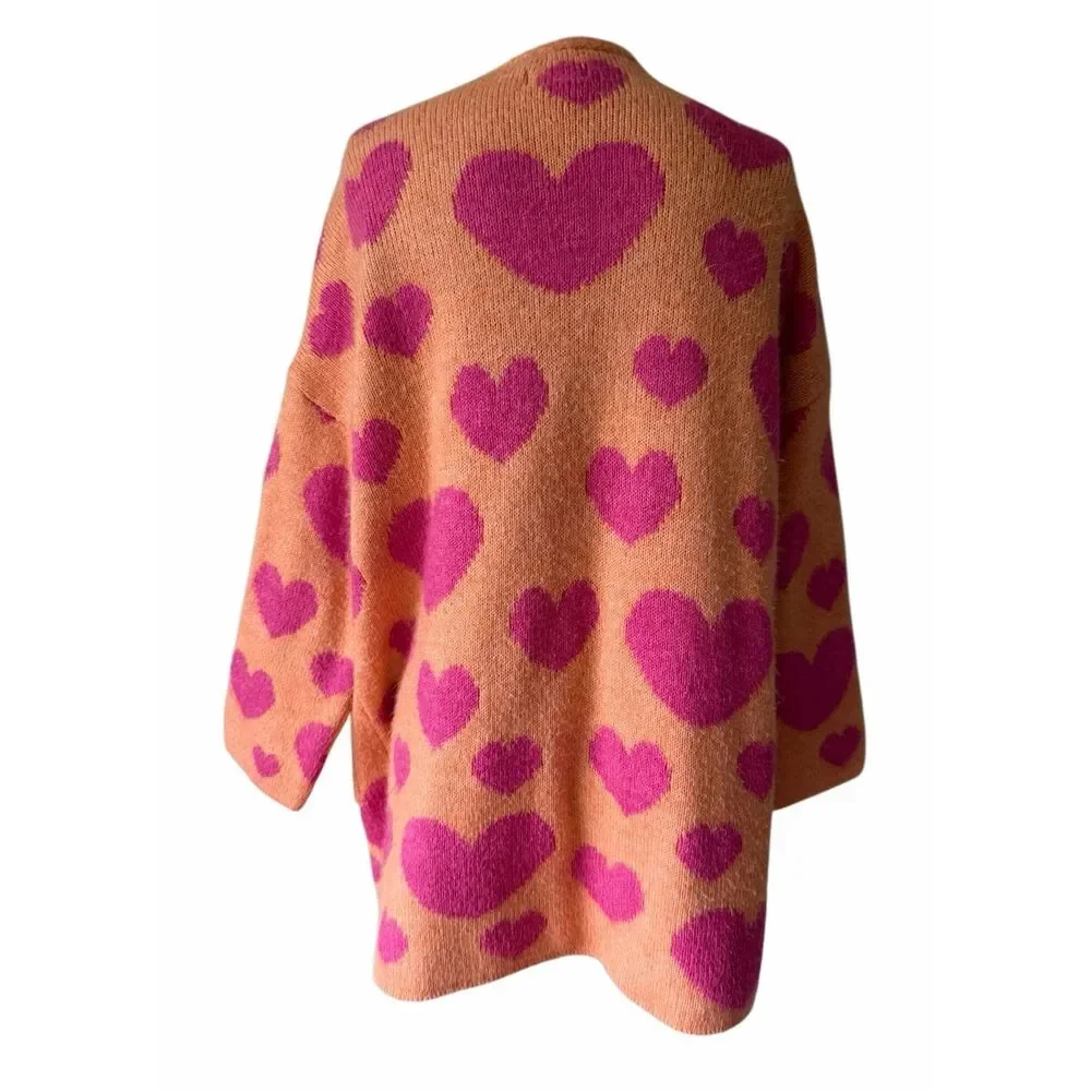 Maeve Anthropologie Cardigan Sweater Heart Open Oversize Orange Pink XS Small‎